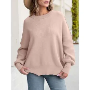 ANRABESS Women Crewneck Batwing Long Sleeve 2024 Fall Oversized Side Slit Ribbed Knit Pullover Sweaters Top Cozy Outfits Khaki Pink Large