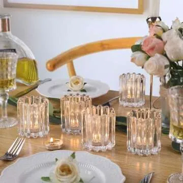 HAVITI Glass Votive Candle Holder, Clear Candle Holders Set of 6, Ribbed Tealight Candle Holder for Wedding Centerpieces Dinner Party Valentine's Day Table Decor