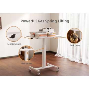 Claiks Mobile Standing Desk, Small Rolling Standing Desk, Mobile Desk Workstation with Wheels, Pneumatic Mobile Laptop Desk for Home Office with Hook, White