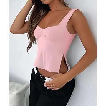 ForeFair Women Sleeveless Backless Crop Tank Top Summer Going Out Outfits Cute Pleated Sweetheart Neck Strappy Y2K Slits Tops (Pink,S)