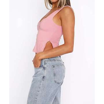ForeFair Women Sleeveless Backless Crop Tank Top Summer Going Out Outfits Cute Pleated Sweetheart Neck Strappy Y2K Slits Tops (Pink,S)