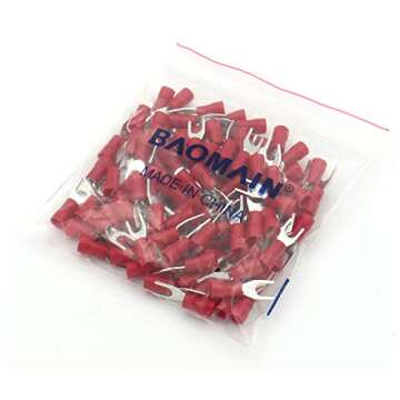 Baomain Red Insulated Fork Spade Wire Connector Electrical Crimp Terminal 16-22AWG #8 USA Screw (100PCS)
