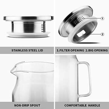 BOTTLE BOTTLE Glass Pitcher with Lid and Handle 50 oz/1500ml Water Pitcher for Ice Tea and Homemade ...