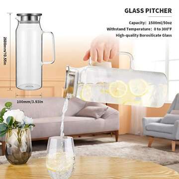 BOTTLE BOTTLE Glass Pitcher with Lid and Handle 50 oz/1500ml Water Pitcher for Ice Tea and Homemade Juice Heat Resistant Borosilicate Glass Carafe for Hot/Cold Water
