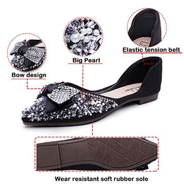 QXCGDYXT Flats Shoes Women Rhinestone Wedding Flats Comfort Pointed Toe Ballet Flat Shoe Low Heel Dress Shoes Sparkly Flats for Women Black-1 Size - 7.5