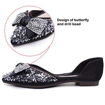 QXCGDYXT Flats Shoes Women Rhinestone Wedding Flats Comfort Pointed Toe Ballet Flat Shoe Low Heel Dress Shoes Sparkly Flats for Women Black-1 Size - 7.5