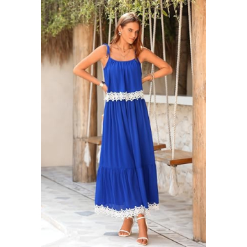 NALANISA Women's Summer Sleeveless Boho Dresses 2024 Tie Spaghetti Strap A Line Flowy Ruffle Tiered Long Maxi Sun Dress Beach Vacation Outfits(Blue,Medium)