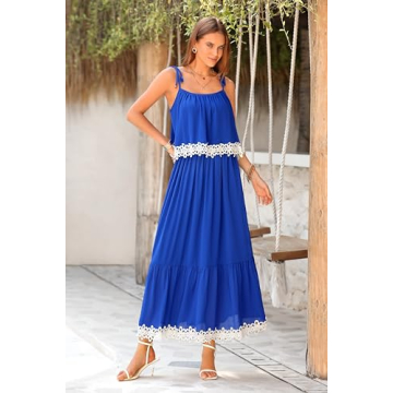 NALANISA Women's Summer Sleeveless Boho Dresses 2024 Tie Spaghetti Strap A Line Flowy Ruffle Tiered Long Maxi Sun Dress Beach Vacation Outfits(Blue,Medium)