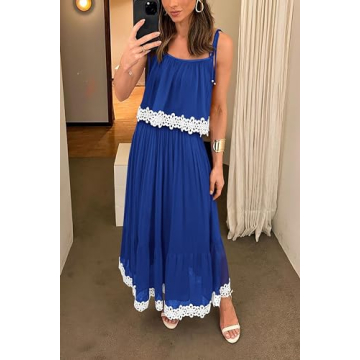 NALANISA Women's Summer Sleeveless Boho Dresses 2024 Tie Spaghetti Strap A Line Flowy Ruffle Tiered Long Maxi Sun Dress Beach Vacation Outfits(Blue,Medium)