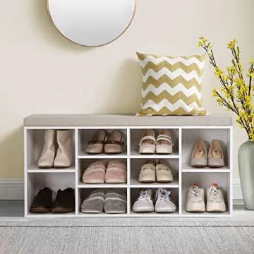 Sophia & William Shoe Bench with Cushion and 8 Compartments, Entryway Storage Bench Freestanding Shoe Cabinet Rack with Adjustable Shelves, Total Load Capacity: 400 lbs (Top 200 lbs), White