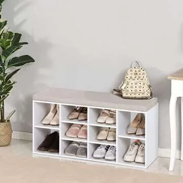 Sophia & William Shoe Bench with Cushion and 8 Compartments, Entryway Storage Bench Freestanding Shoe Cabinet Rack with Adjustable Shelves, Total Load Capacity: 400 lbs (Top 200 lbs), White