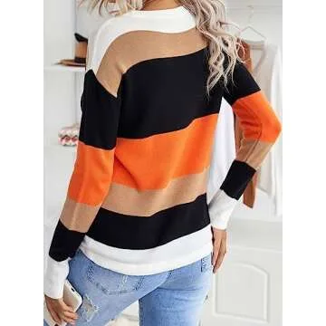 Dokotoo Women Sweater Round Neck Striped Cute Winter Pullover Sweaters Fall Outfits for Women 2024 Womens Fashion Orange X Large