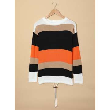 Dokotoo Women Sweater Round Neck Striped Cute Winter Pullover Sweaters Fall Outfits for Women 2024 Womens Fashion Orange X Large
