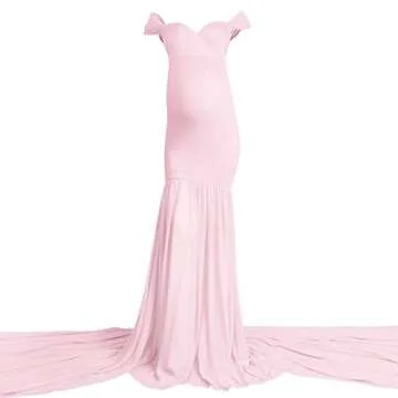 Women Maternity Dress for Photography Mermaid Off Shoulder Elegant Fitted Chiffon Gown Baby Shower Pregnancy Maxi Dresses for Photoshoot Ruched V Neck Long Slim Fit Flowy Party Photo Props Dress Pink