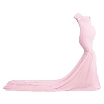 Women Maternity Dress for Photography Mermaid Off Shoulder Elegant Fitted Chiffon Gown Baby Shower Pregnancy Maxi Dresses for Photoshoot Ruched V Neck Long Slim Fit Flowy Party Photo Props Dress Pink
