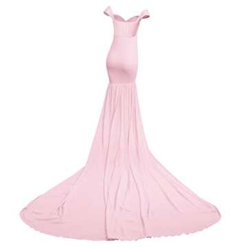 Women Maternity Dress for Photography Mermaid Off Shoulder Elegant Fitted Chiffon Gown Baby Shower Pregnancy Maxi Dresses for Photoshoot Ruched V Neck Long Slim Fit Flowy Party Photo Props Dress Pink