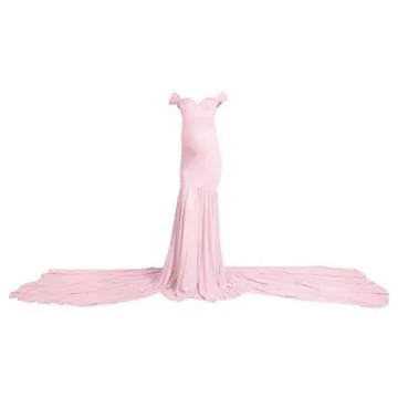 Women Maternity Dress for Photography Mermaid Off Shoulder Elegant Fitted Chiffon Gown Baby Shower Pregnancy Maxi Dresses for Photoshoot Ruched V Neck Long Slim Fit Flowy Party Photo Props Dress Pink