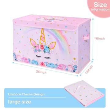 WERNNSAI Toy Box for Girls - Collapsible Oxford Storage Bin with Handles 25" x 13" x 16" Toys Clothes Books Unicorn Chest Organizer Cube with Flip-top Lid for Kids Bedroom Nursery Living Room
