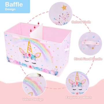 WERNNSAI Toy Box for Girls - Collapsible Oxford Storage Bin with Handles 25" x 13" x 16" Toys Clothes Books Unicorn Chest Organizer Cube with Flip-top Lid for Kids Bedroom Nursery Living Room