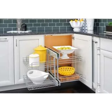 Rev-A-Shelf Dual Tier Pullout Shelf Storage Organizer for Blind Corner Kitchen or Bathroom Cabinets,...