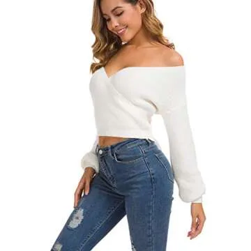 Chic White V Neck Cropped Lantern Sleeve Sweater