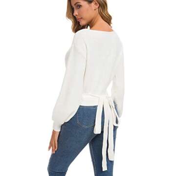 Chic White V Neck Cropped Lantern Sleeve Sweater