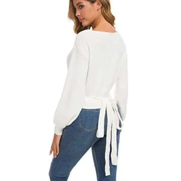 Chic White V Neck Cropped Lantern Sleeve Sweater