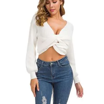 Chic White V Neck Cropped Lantern Sleeve Sweater