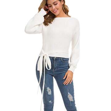Chic White V Neck Cropped Lantern Sleeve Sweater