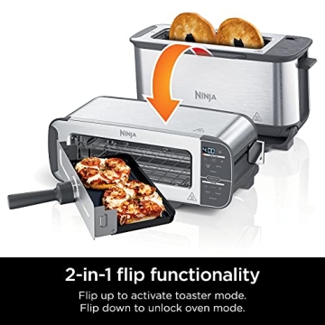 Ninja ST101 Foodi 2-in-1 Flip Toaster, 2-Slice Capacity, Compact Toaster Oven, Snack Maker, Reheat, Defrost, 1500 Watts, Stainless Steel, 6 Functions