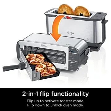 Ninja ST101 Foodi 2-in-1 Flip Toaster, 2-Slice Capacity, Compact Toaster Oven, Snack Maker, Reheat, Defrost, 1500 Watts, Stainless Steel, 6 Functions