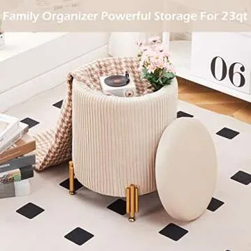 Mxfurhawa Round Ottoman Foot Stool with Storage and Metal Legs for Living Room Bedroom, Velvet Upholstered Footrest Stool Support 300lbs Modern Padded Seat Ottoman Coffee Table (Beige)