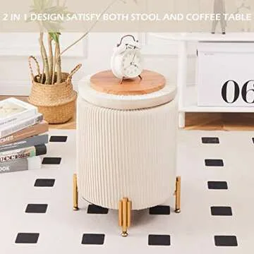 Mxfurhawa Round Ottoman Foot Stool with Storage and Metal Legs for Living Room Bedroom, Velvet Upholstered Footrest Stool Support 300lbs Modern Padded Seat Ottoman Coffee Table (Beige)