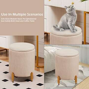 Mxfurhawa Round Ottoman Foot Stool with Storage and Metal Legs for Living Room Bedroom, Velvet Upholstered Footrest Stool Support 300lbs Modern Padded Seat Ottoman Coffee Table (Beige)