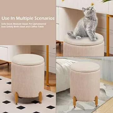 Mxfurhawa Round Ottoman Foot Stool with Storage and Metal Legs for Living Room Bedroom, Velvet Upholstered Footrest Stool Support 300lbs Modern Padded Seat Ottoman Coffee Table (Beige)
