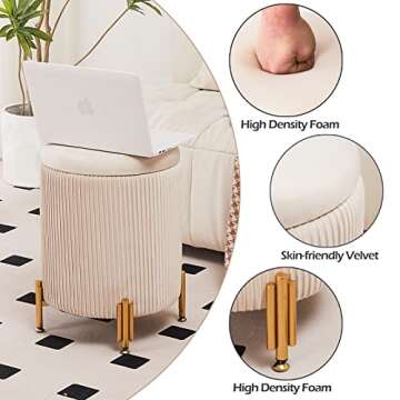 Mxfurhawa Round Ottoman Foot Stool with Storage and Metal Legs for Living Room Bedroom, Velvet Upholstered Footrest Stool Support 300lbs Modern Padded Seat Ottoman Coffee Table (Beige)