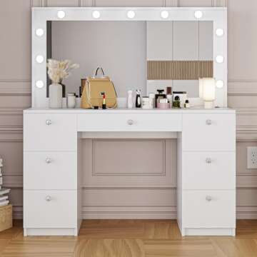 Boahaus Freya Large Makeup Vanity Desk with Hollywood Lights, 7 Drawers, USB Type-C & Type-A, Crysta...