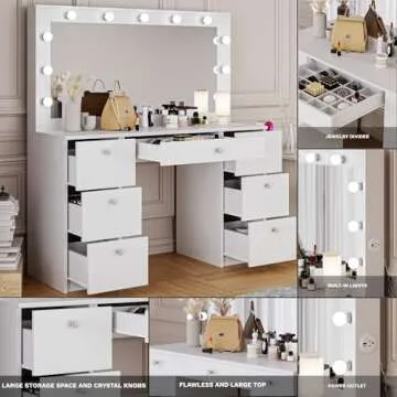 Boahaus Freya Large Makeup Vanity Desk with Hollywood Lights, 7 Drawers, USB Type-C & Type-A, Crystal Knobs – Modern Vanity Desk for Adults, Teens - Premium White Finish