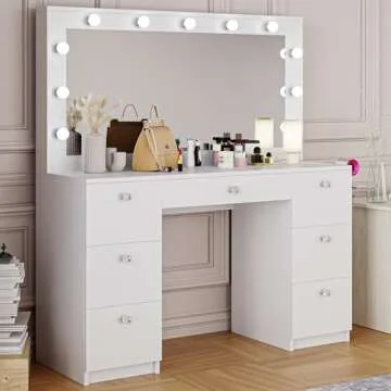 Boahaus Freya Large Makeup Vanity Desk with Hollywood Lights, 7 Drawers, USB Type-C & Type-A, Crystal Knobs – Modern Vanity Desk for Adults, Teens - Premium White Finish