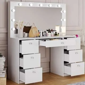 Boahaus Freya Large Makeup Vanity Desk with Hollywood Lights, 7 Drawers, USB Type-C & Type-A, Crystal Knobs – Modern Vanity Desk for Adults, Teens - Premium White Finish