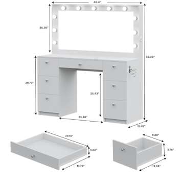 Boahaus Freya Large Makeup Vanity Desk with Hollywood Lights, 7 Drawers, USB Type-C & Type-A, Crystal Knobs – Modern Vanity Desk for Adults, Teens - Premium White Finish
