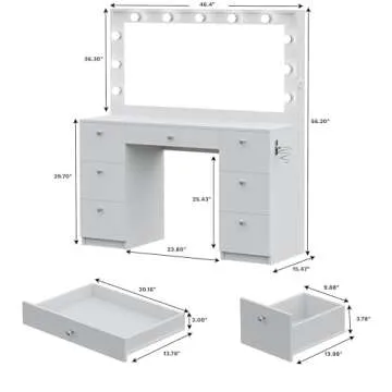 Boahaus Freya Large Makeup Vanity Desk with Hollywood Lights, 7 Drawers, USB Type-C & Type-A, Crystal Knobs – Modern Vanity Desk for Adults, Teens - Premium White Finish