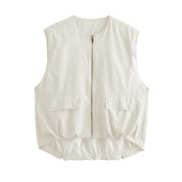 Fhniepan Women's Oversized Cargo Vest Casual Full Zip Up Ruched Hem Sleeveless Blazer Jackets Tops w...