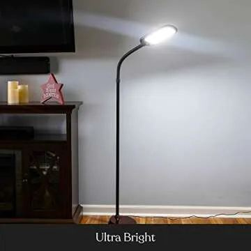 Brightech Litespan Slim LED Lamp, Modern Floor Reading Lamp Over Chair for Living Rooms & Offices, Tall Lamp with Adjustable Gooseneck, Crafts Work Light, Dimmable Standing Lamp for Bedroom - Brown