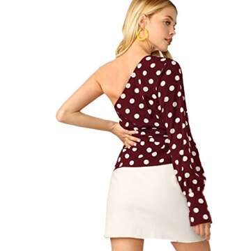 Romwe Women's One Shoulder Short Puff Sleeve Self Belted Solid Blouse Top A#Burgundy Medium