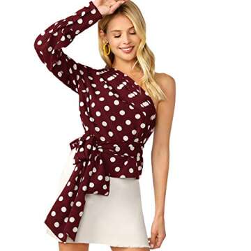 Romwe Women's One Shoulder Short Puff Sleeve Self Belted Solid Blouse Top A#Burgundy Medium