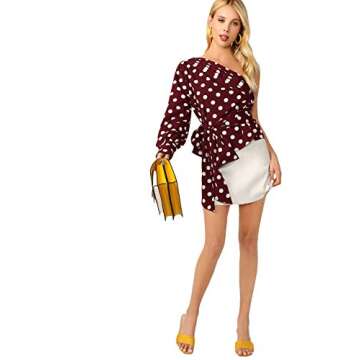 Romwe Women's One Shoulder Short Puff Sleeve Self Belted Solid Blouse Top A#Burgundy Medium