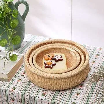 Teng Tian Open Round Nantucket Basket Fruit Basket Desktop Organizer Bread Basket staves and fine caneweaving