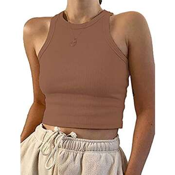 Meladyan Women's Round Neck Basic Racerback Camisole Rib-Knit Solid Sleeveless Crop Tank Tops (Small, Brown)