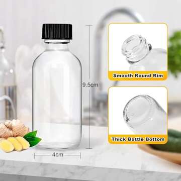 BPFY 12 pack 2 oz Clear Glass Bottle With Black Poly Cap, Funnel, Boston Round Sample Bottles for Sy...